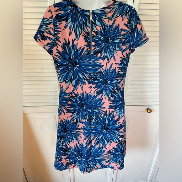 Ellen Tracy Floral Graphic Crepe Dress Blue Pink Size 8 - Picture 5 of 8